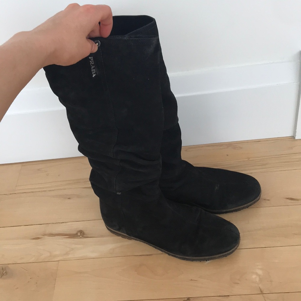 Prada Black Suede Knee-High Slouch Boots